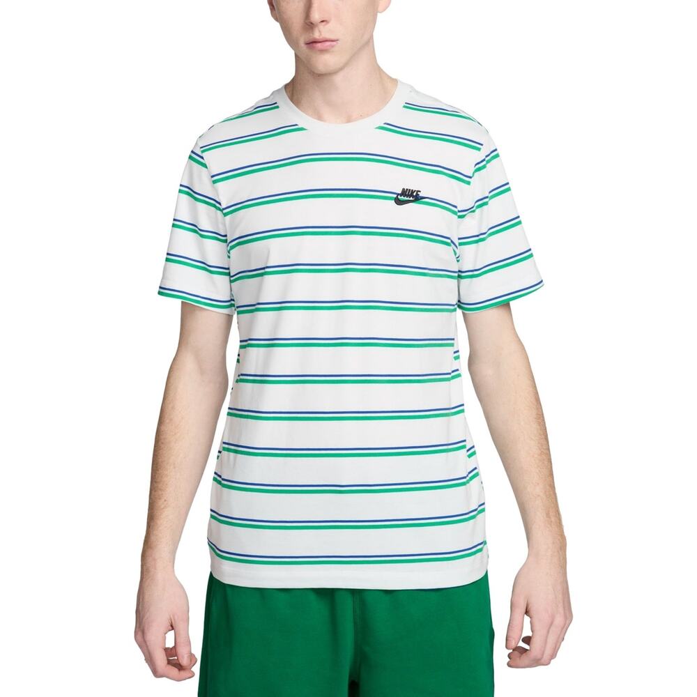 NWT Nike Club T-Shirt Striped Print Crew Neck Sportswear White Green Size Medium